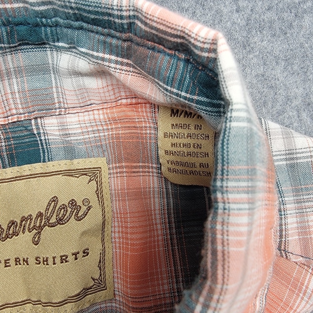 Wrangler Shirt Men's Med Orange Plaid Western Snap Short Sleeve Casual Cowboy - Picture 13 of 14